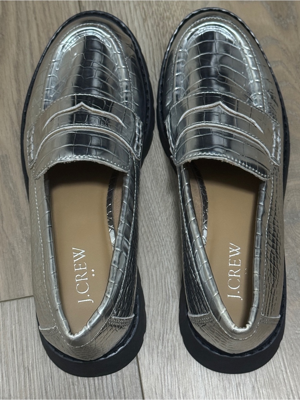 J. Crew Winona Lugsole Penny Loafers Metallic Silver Croc-Embossed Faux Leather - Picture 2 of 8